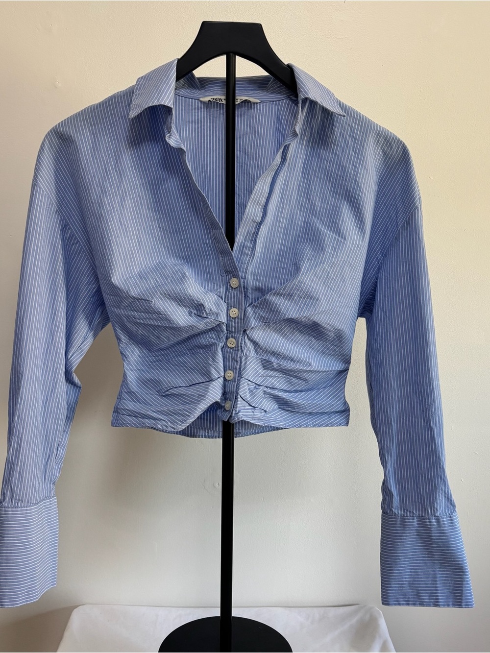 Zara Light Blue Pinstripe Ruched Button-Front Crop Shirt